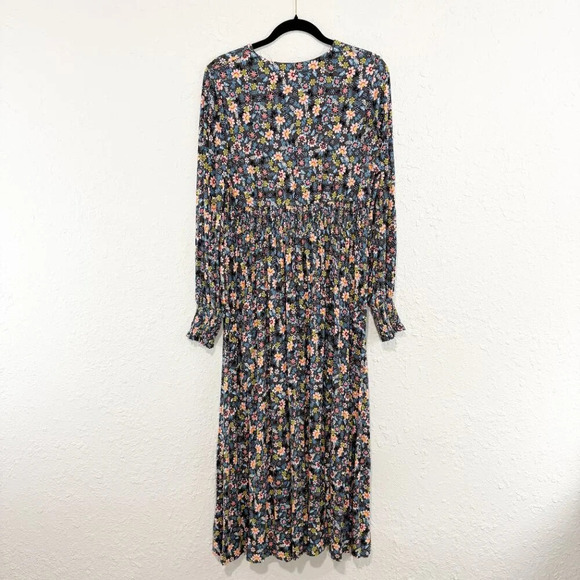 Boden Graphite Gray Opulent Leaf Print Long Sleeve Smocked V Neck Maxi Dress 12L - Picture 3 of 12
